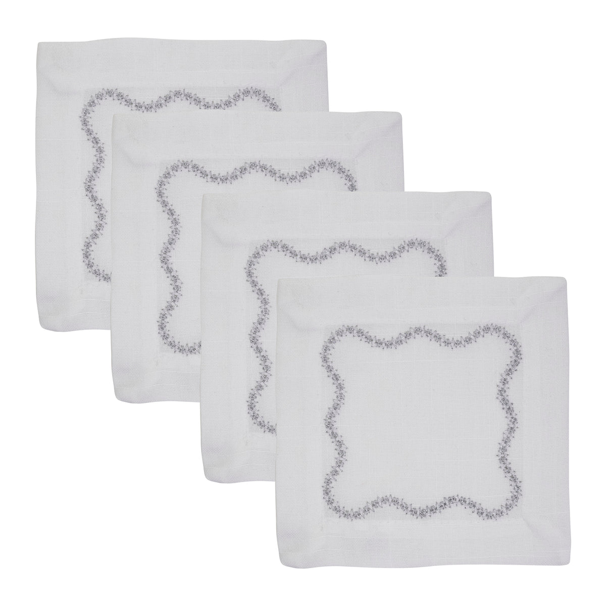 Silver Scalloped Embroidered Cocktail Napkins 100% polyester, 6 Inch Square (4 pcs.)