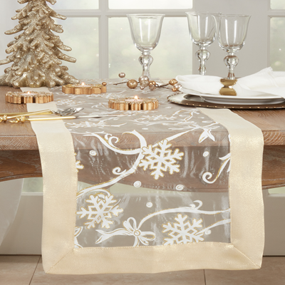 Christmas Gold Printed Snowflake and Ribbon Table Runner, 100% Polyester