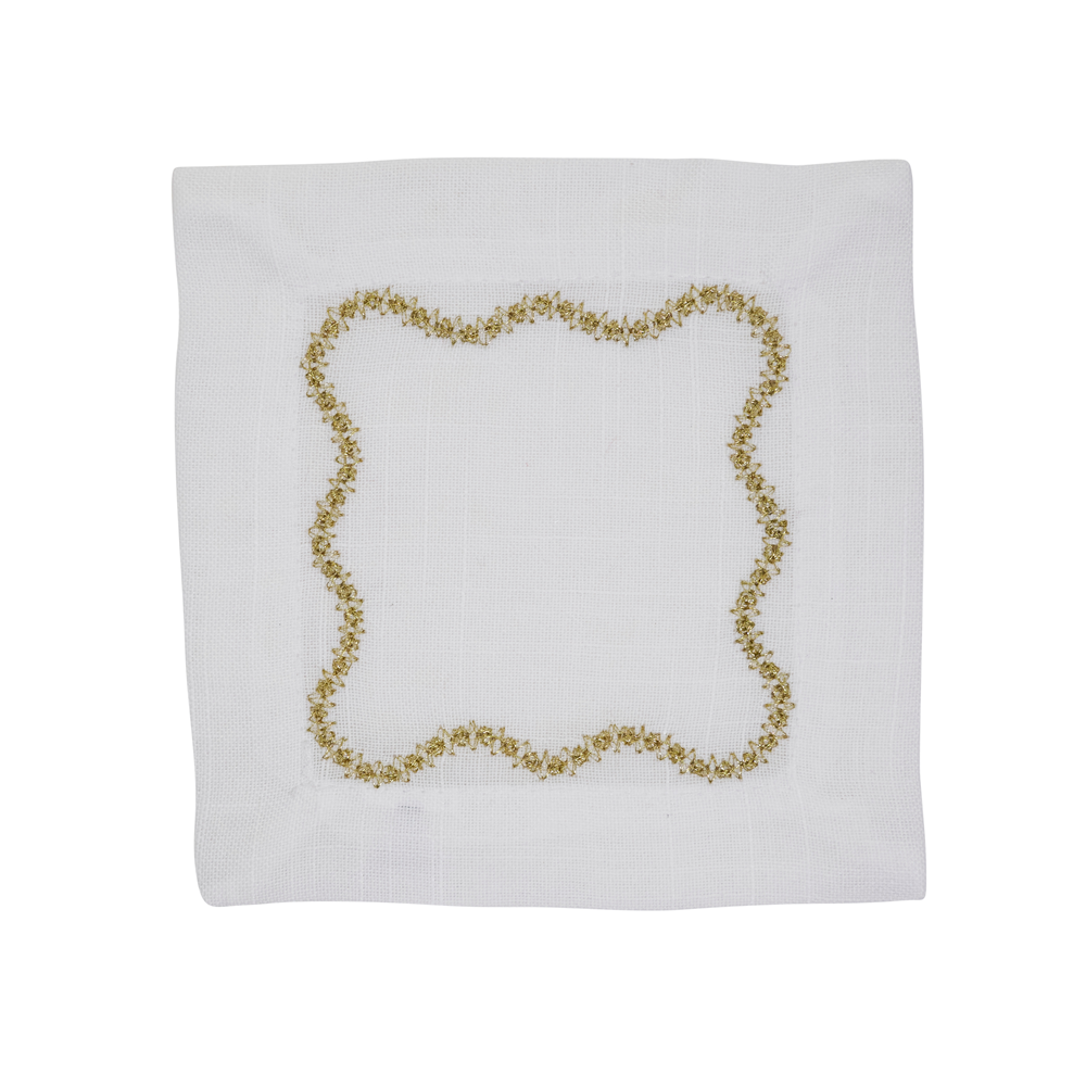 Silver Scalloped Embroidered Cocktail Napkins 100% polyester, 6 Inch Square (4 pcs.)
