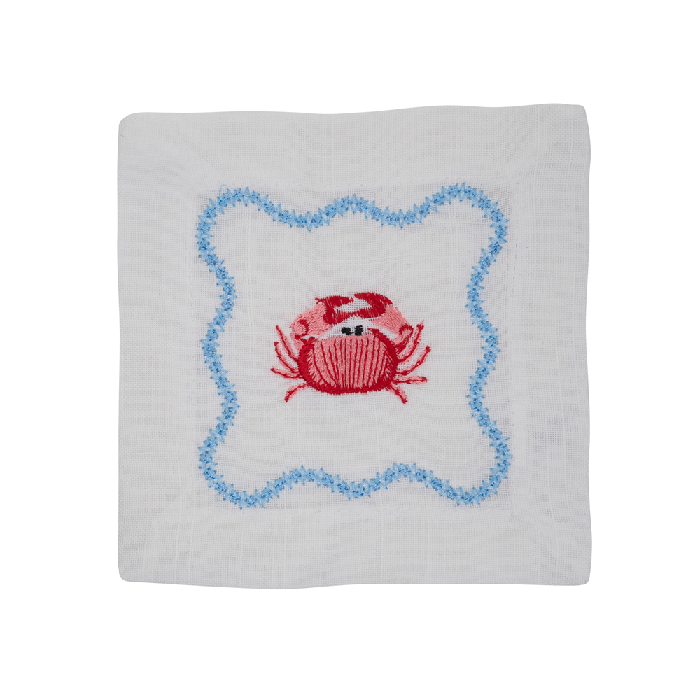 White Embroidered Crab Cocktail Napkins 100% polyester, 6 Inch Square (4 pcs.)