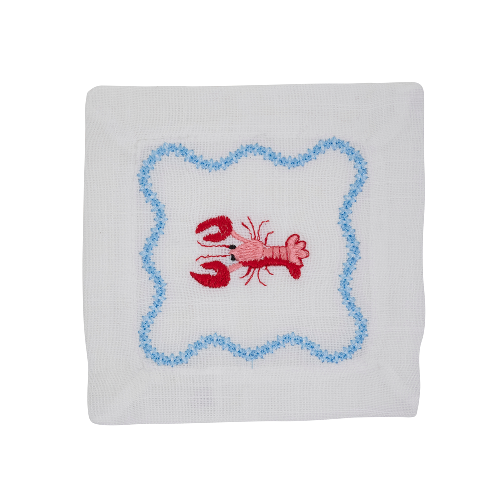 White Embroidered Lobster Cocktail Napkins 100% polyester, 6 Inch Square (4 pcs.)