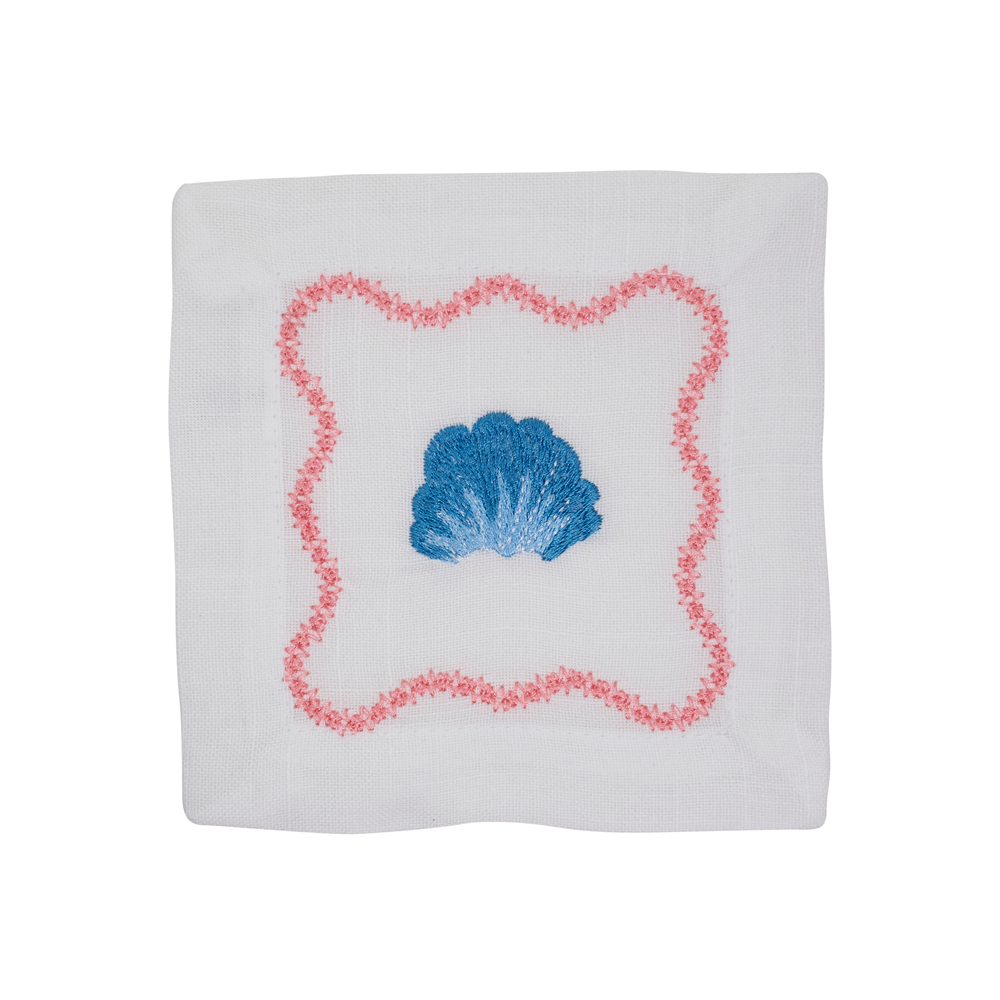 White Embroidered Seashell Cocktail Napkins 100% polyester, 6 Inch Square (4 pcs.)