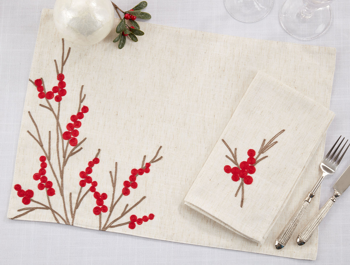 Natural Embrd Berry 14"x20" Placemat & 20" Napkins 80% polyester - 20% linen, 4 Place Setings (8 pcs)