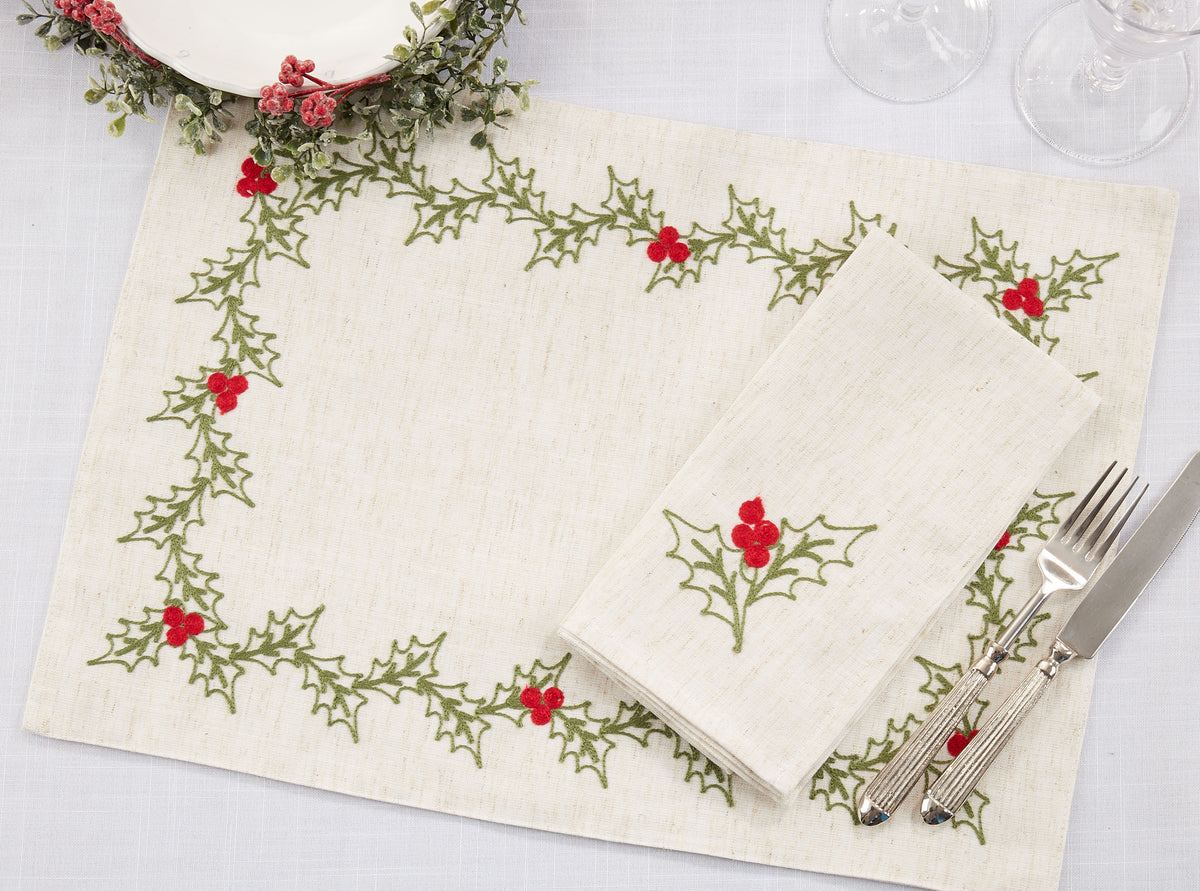 Natural Embrd Holly 14"x20" Placemat & 20" Napkins 80% polyester - 20% linen, 4 Place Setings (8 pcs)