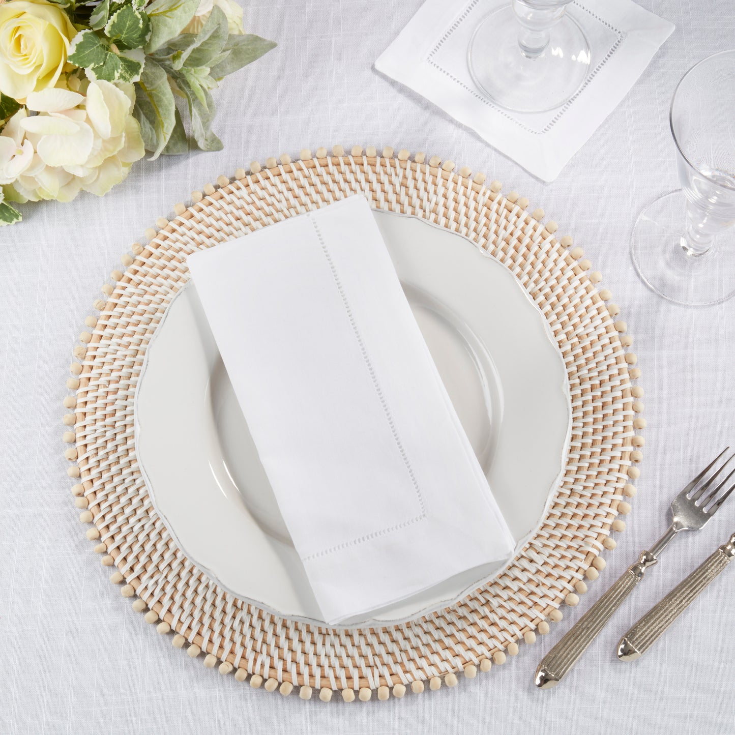 White Classic Linen Hemstitch Napkins Coasters 100% linen, 6 Inch Square (4 pcs.)