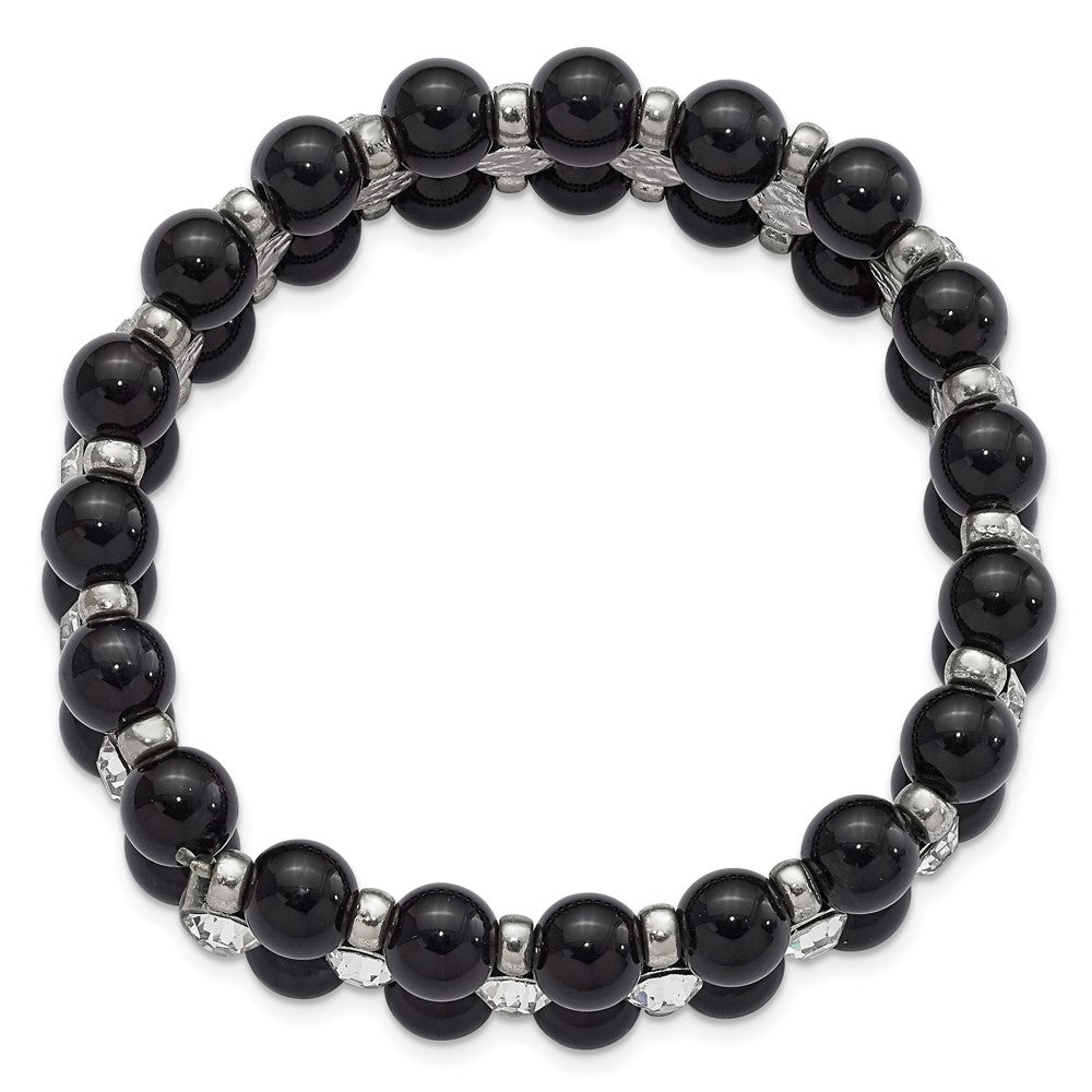 Pulsera elástica 1928 Jewelry de tono plateado y cuentas negras con piedras de vidrio transparente