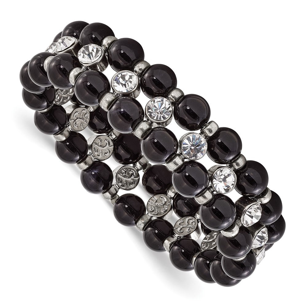 Pulsera elástica 1928 Jewelry de tono plateado y cuentas negras con piedras de vidrio transparente
