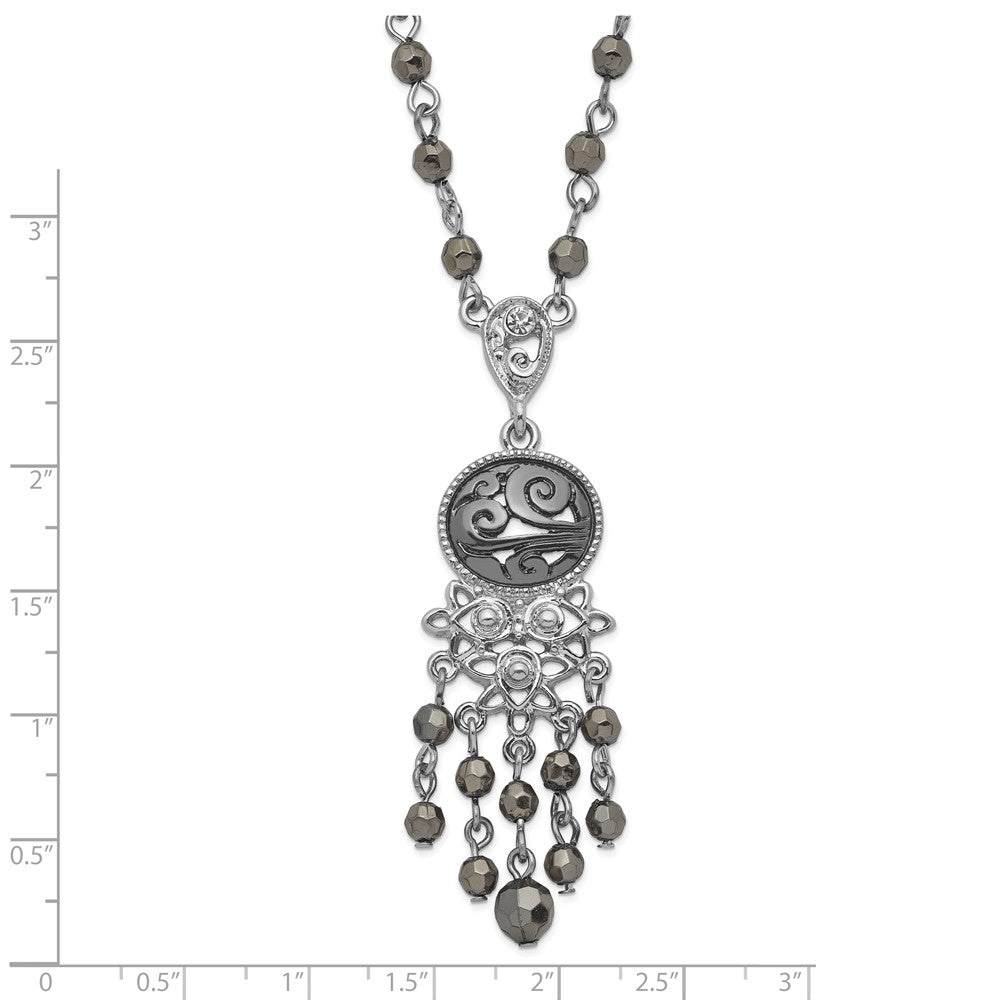 1928 Jewelry Silver-tone and Black-plated Filigree Clear and Hematite Faceted Acrylic Beads 16 inch Necklace with 3 inch extension