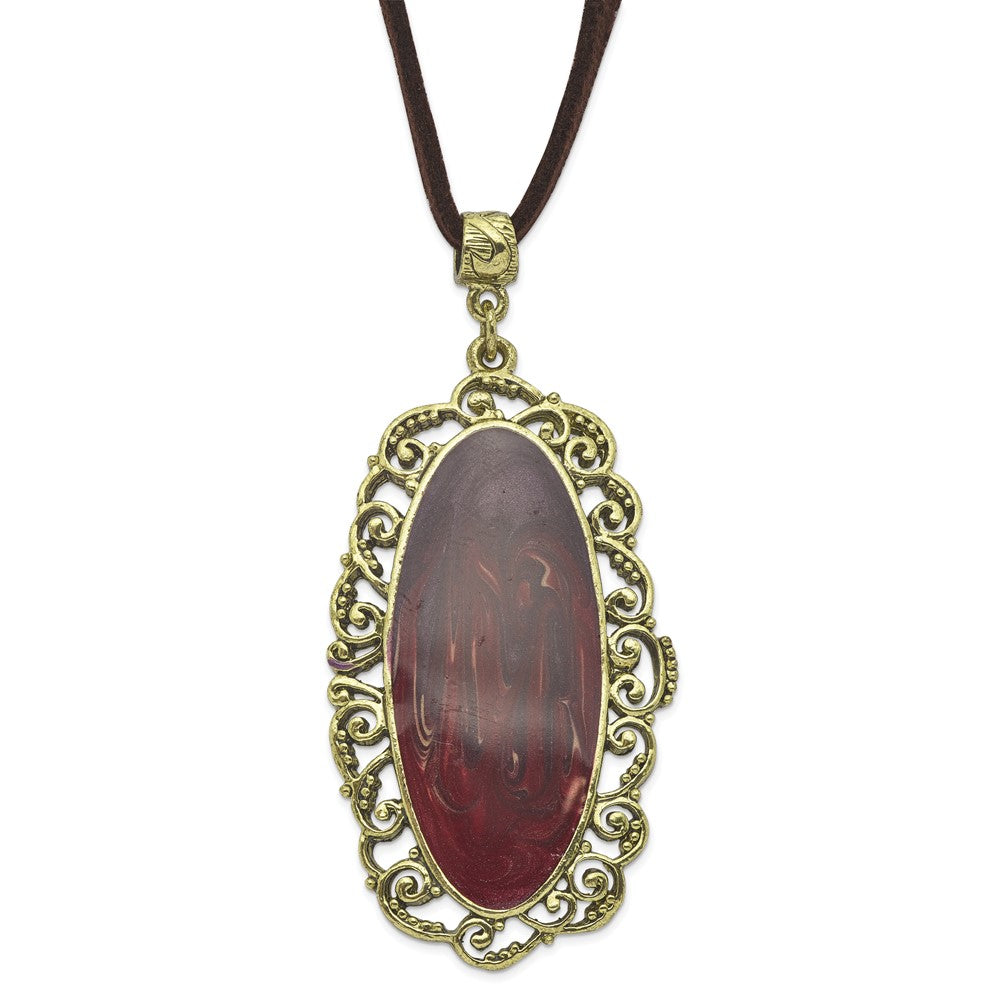 1928 Jewelry Brass-tone Ornate Frame Purple Enamel Oval 30 inch Faux Suede Cord Necklace