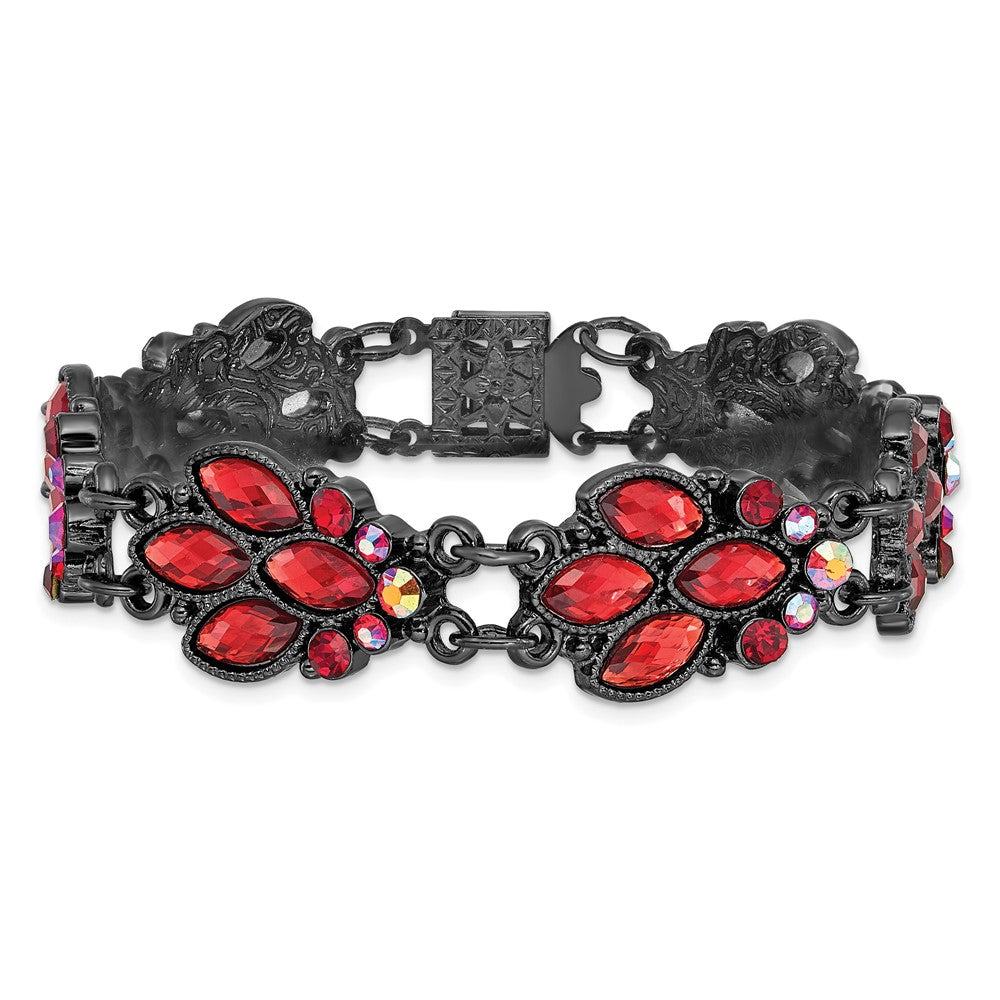 1928 Jewelry Black-plated Faceted Red and Aurora Borealis Glass Stones 7.25 inch Bracelet