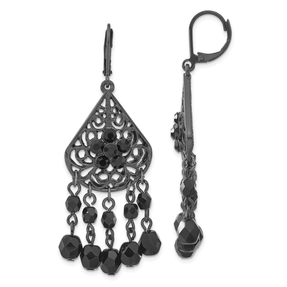 1928 Jewelry Black-plated Filigree Pear Shaped and Faceted Jet Black Epoxy Stones Dangle Leverback Earrings