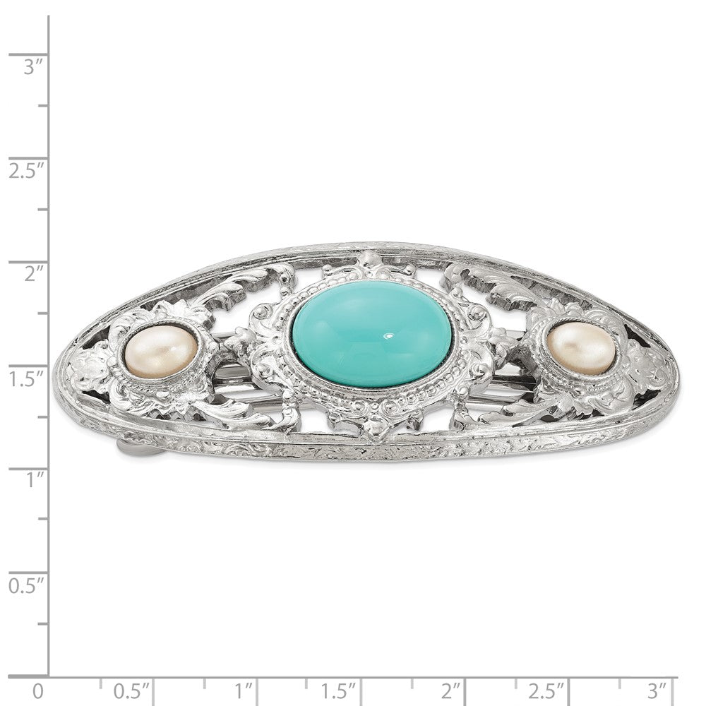 1928 Jewelry Silver-tone Ornate Imitation Pearl and Turquoise Acrylic Stone Hair Barrette