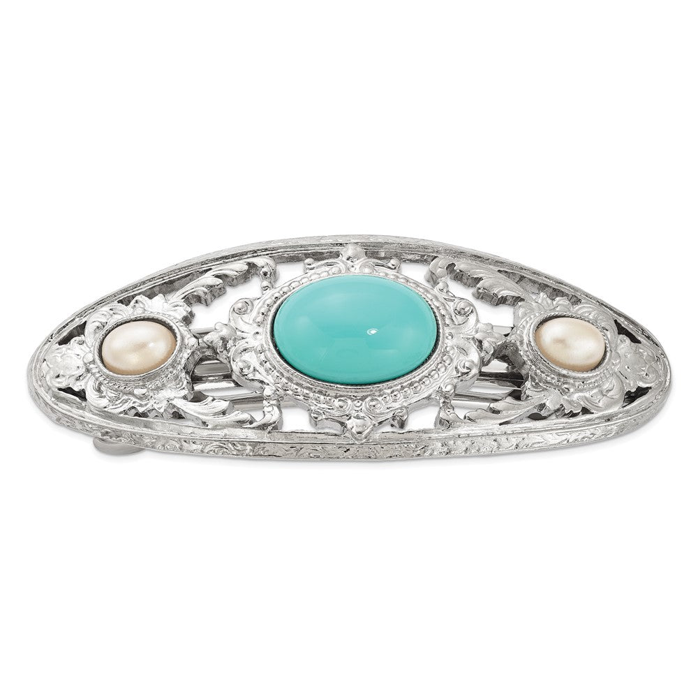 1928 Jewelry Silver-tone Ornate Imitation Pearl and Turquoise Acrylic Stone Hair Barrette