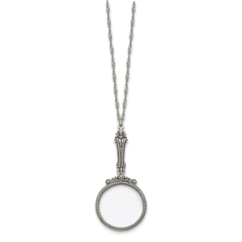 1928 Jewelry Silver-tone Vintage Design Handle 2X Magnifying Glass 28 inch Twisted Necklace