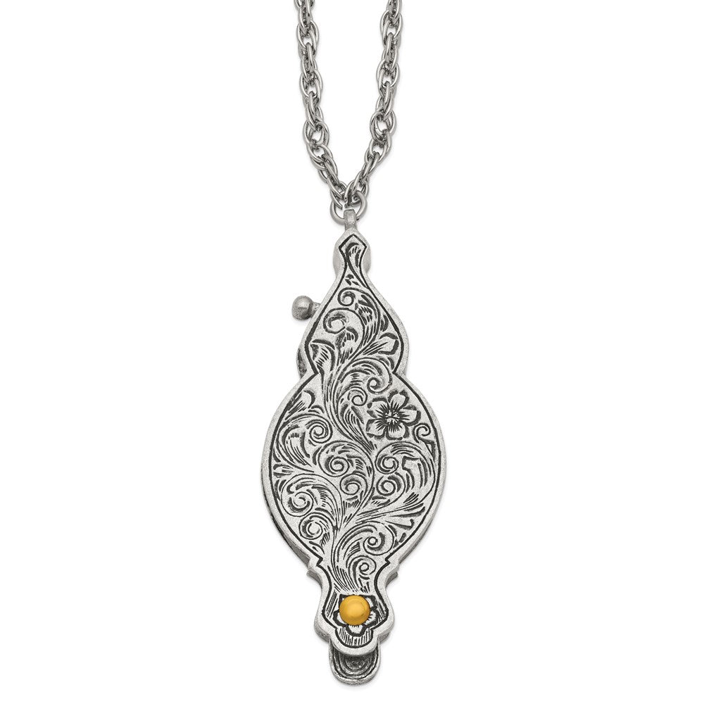 1928 Jewelry Pewter-tone and Gold-tone Vintage Floral Antiqued Cover with Fold Out 6-7X Magnifying Glass 30 inch Necklace