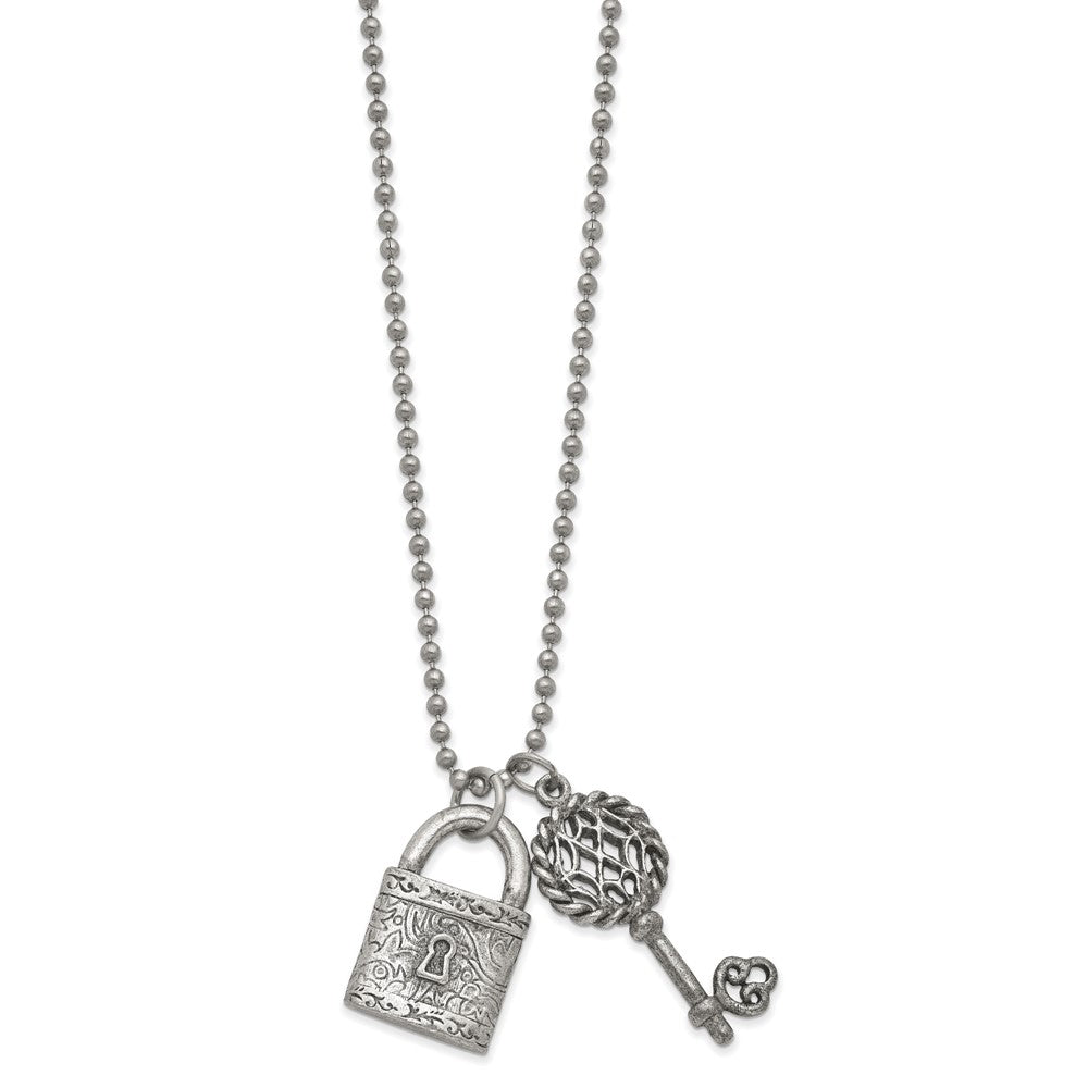 1928 Jewelry Silver-tone Filigree Pattern Lock and Fliigree Pattern Key Pendants 23.5 inch Necklace