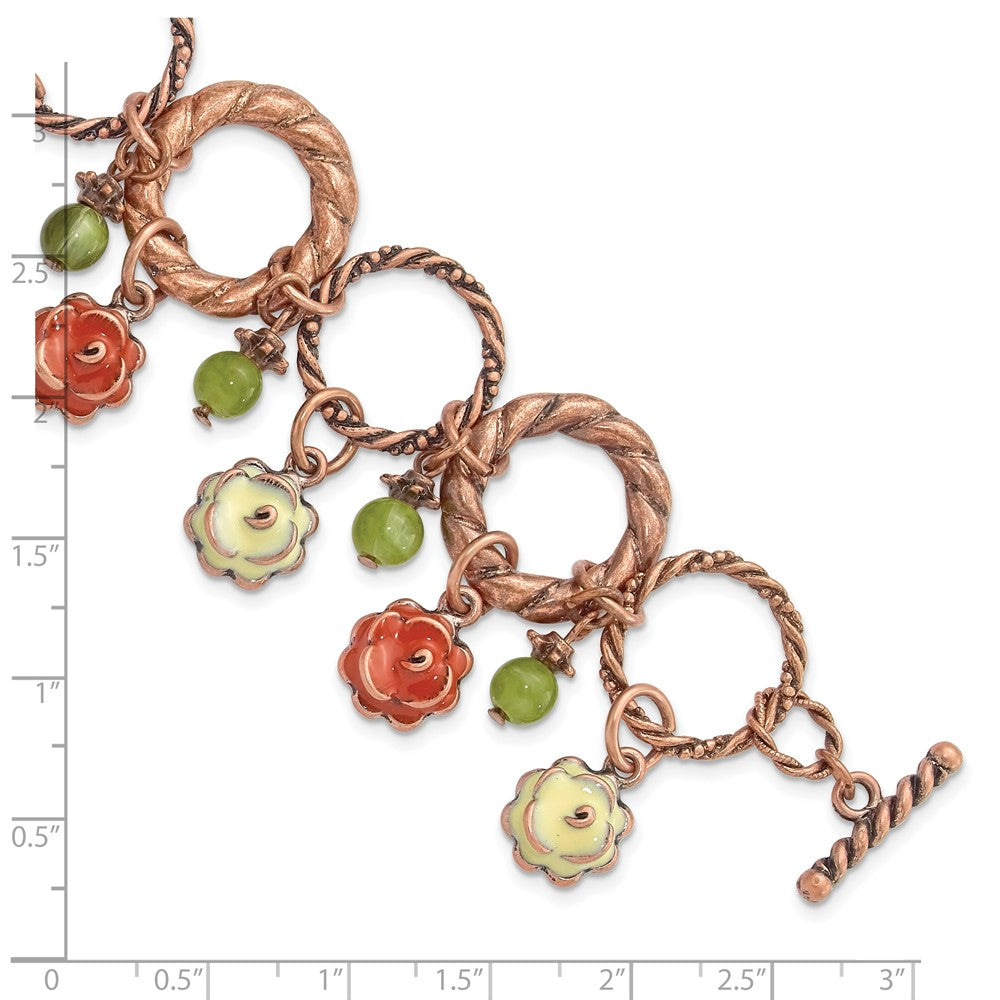 1928 Jewelry Copper-tone Textured Link Orange and Light Green Enamel Flower Green Acrylic Bead Dangles 7 inch Toggle Bracelet