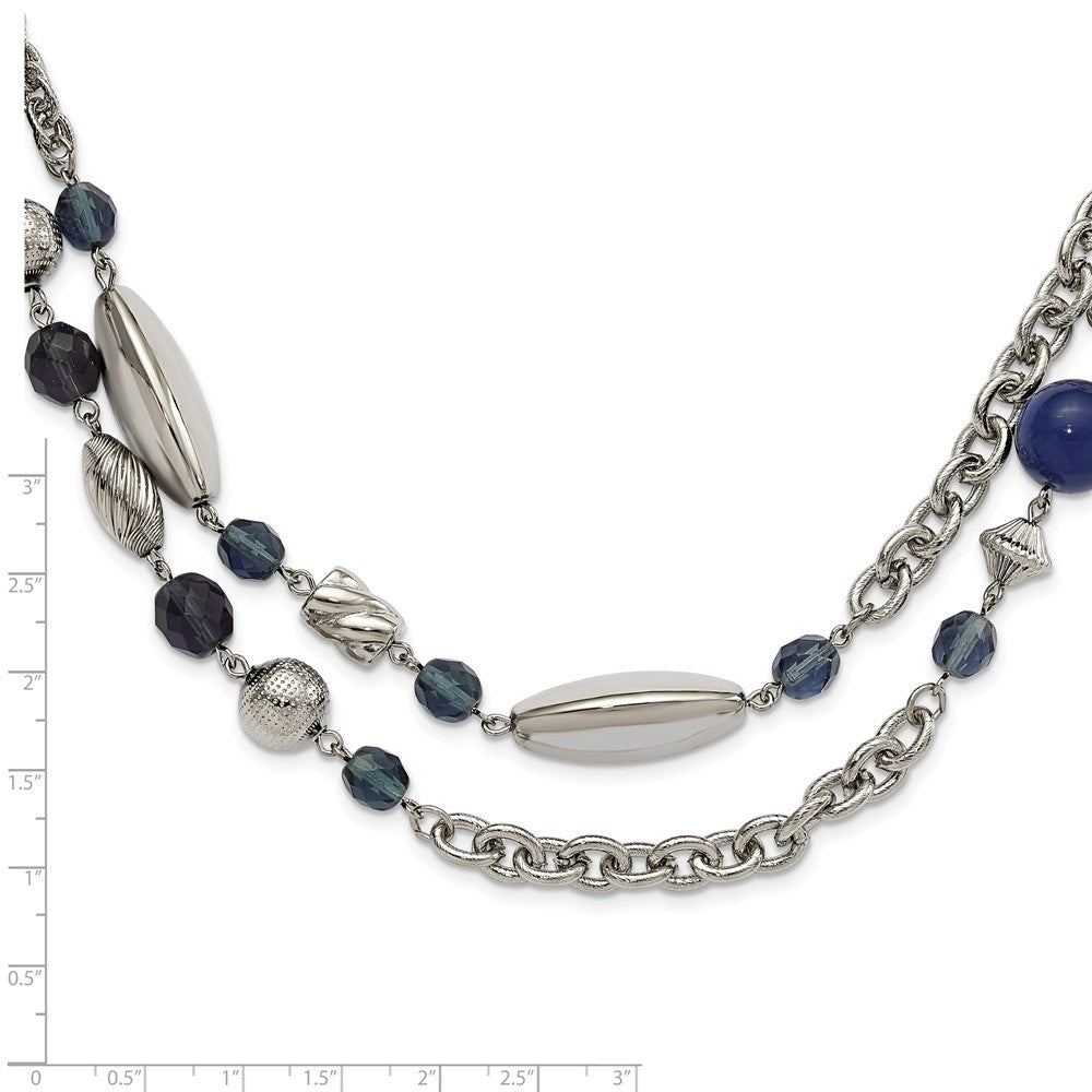 1928 Jewelry Silver-tone Link Textured Beads Blue Beads and Blue Faceted Crystals 44 inch Necklace