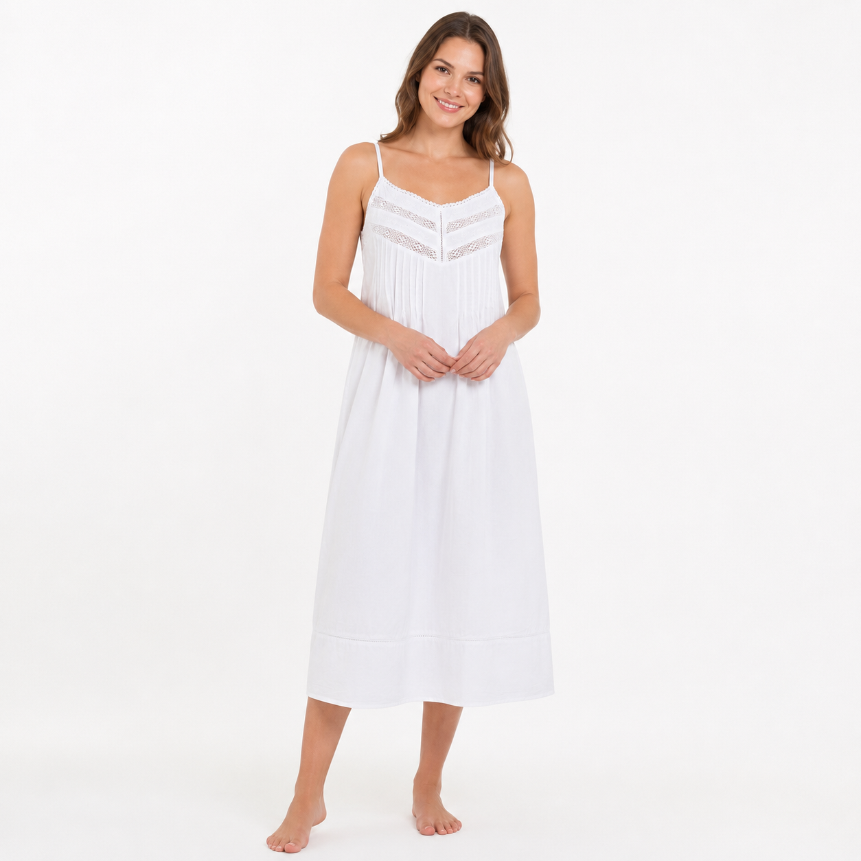 Taleen White 100% Cotton Embroidered Midi Thin Strap Nightgown Nightdress