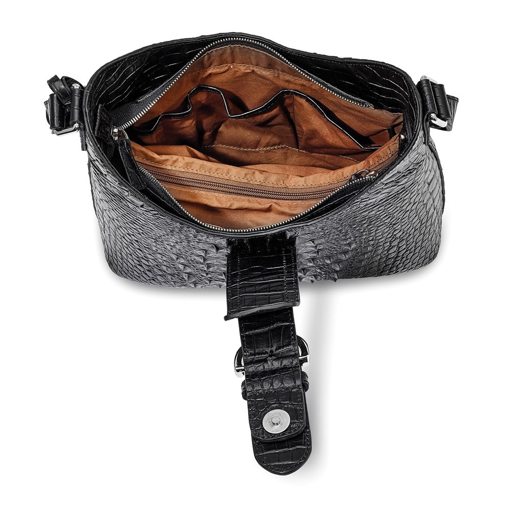 Luxury Giftware by Jere Top Grain Leather Croc Texture Black Zip-Top Handbag with Adjustable Strap, 2 Zip Pockets, 2 Slip Pockets, Key Fob Holder