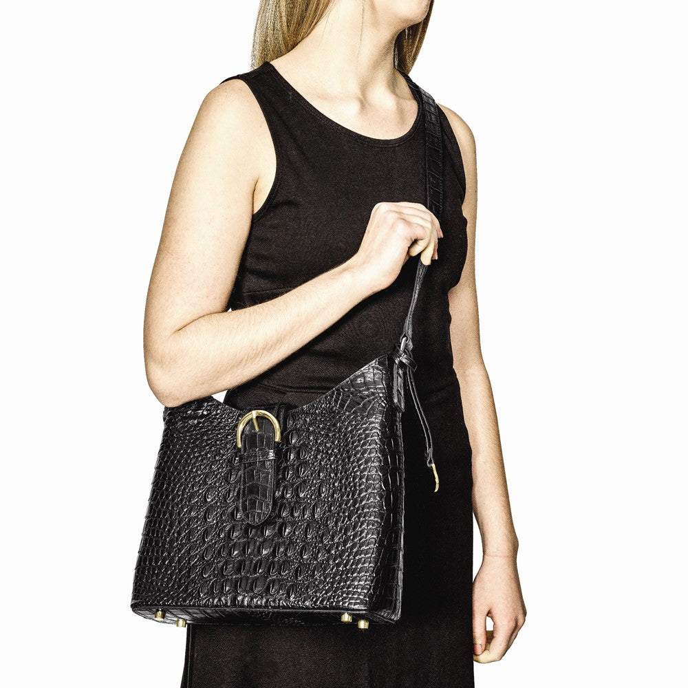 Luxury Giftware by Jere Top Grain Leather Croc Texture Black Zip-Top Handbag with Adjustable Strap, 2 Zip Pockets, 2 Slip Pockets, Key Fob Holder