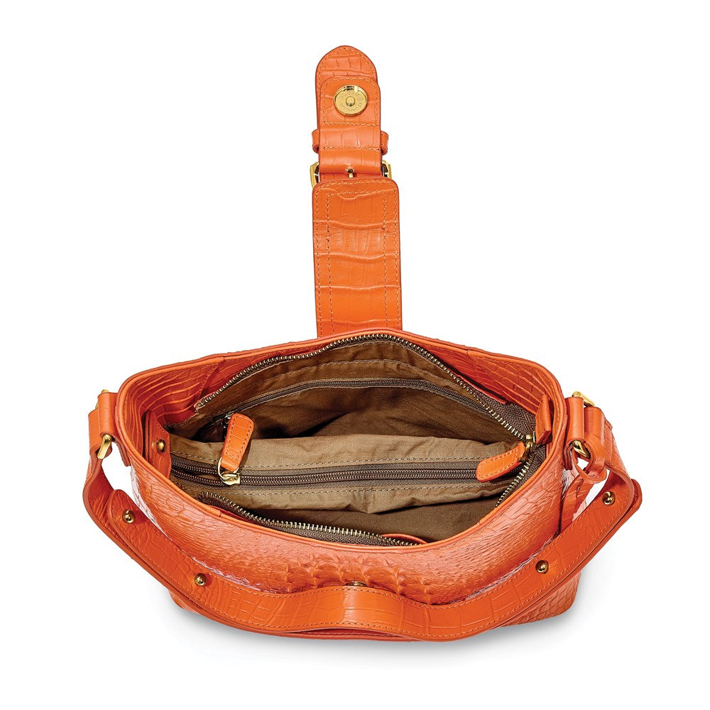 Bolso de mano con cremallera superior de piel de grano superior con textura de cocodrilo en color naranja caléndula, de Luxury Giftware by Jere, con correa ajustable, 2 bolsillos con cremallera, 2 bolsillos abiertos y llavero.