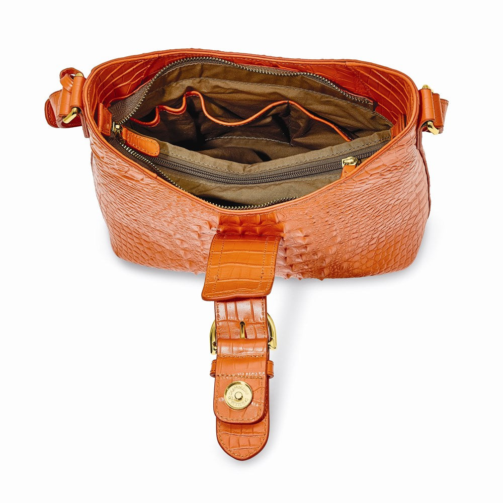 Bolso de mano con cremallera superior de piel de grano superior con textura de cocodrilo en color naranja caléndula, de Luxury Giftware by Jere, con correa ajustable, 2 bolsillos con cremallera, 2 bolsillos abiertos y llavero.