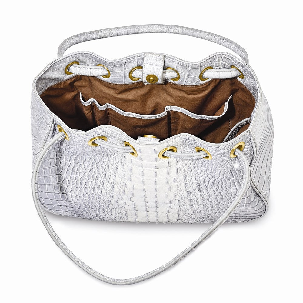 Top Grain Leather Croc Texture Silver-Grey Drawstring Magnetic Snap Handbag with 2 Slip Pockets, 2 Pen Pockets, Key Fob