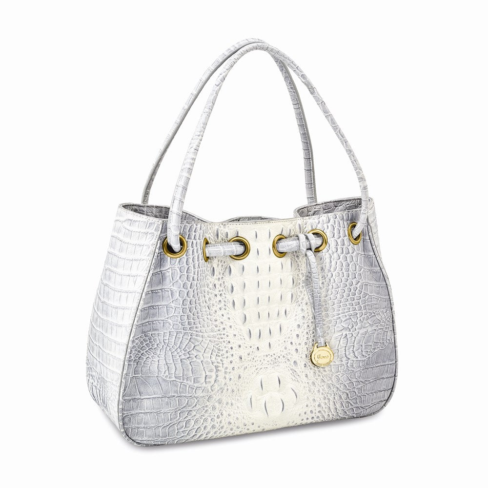 Top Grain Leather Croc Texture Silver-Grey Drawstring Magnetic Snap Handbag with 2 Slip Pockets, 2 Pen Pockets, Key Fob