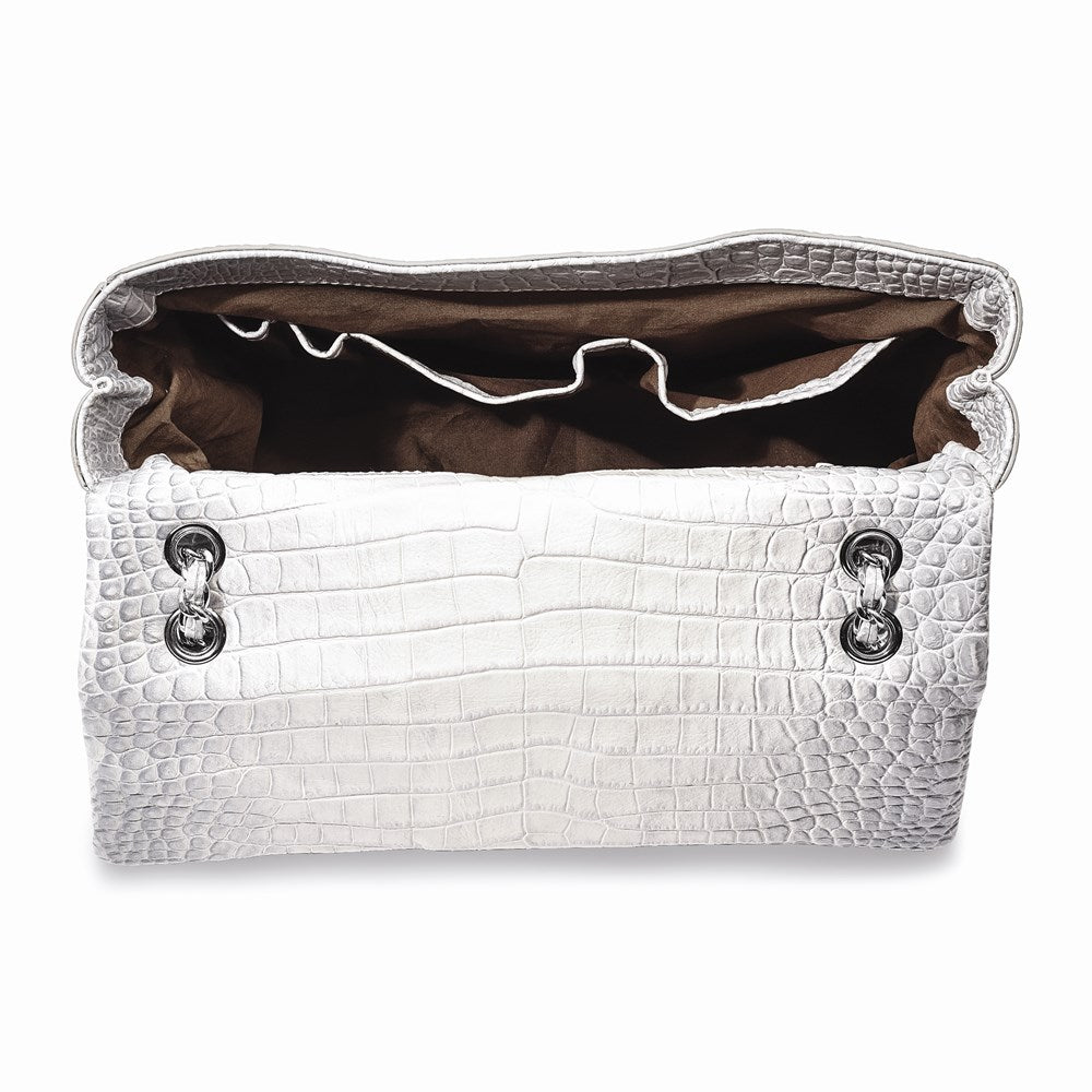 Top Grain Leather Croc Texture Silver-Grey Chain Strap Handbag with Zip Pocket, 2 Slip Pockets, and Key Fob