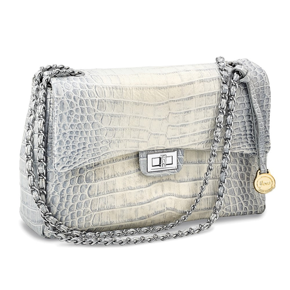 Top Grain Leather Croc Texture Silver-Grey Chain Strap Handbag with Zip Pocket, 2 Slip Pockets, and Key Fob