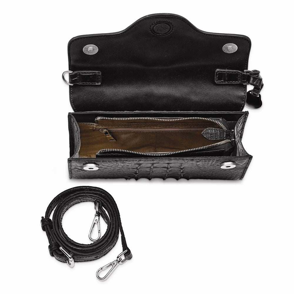 Lusury Giftware by Jere Top Grain Leather Croc Texture RFID Blocking Black Zip-Top with Magnetic Flap Clutch Purse and Removable Crossbody Strap