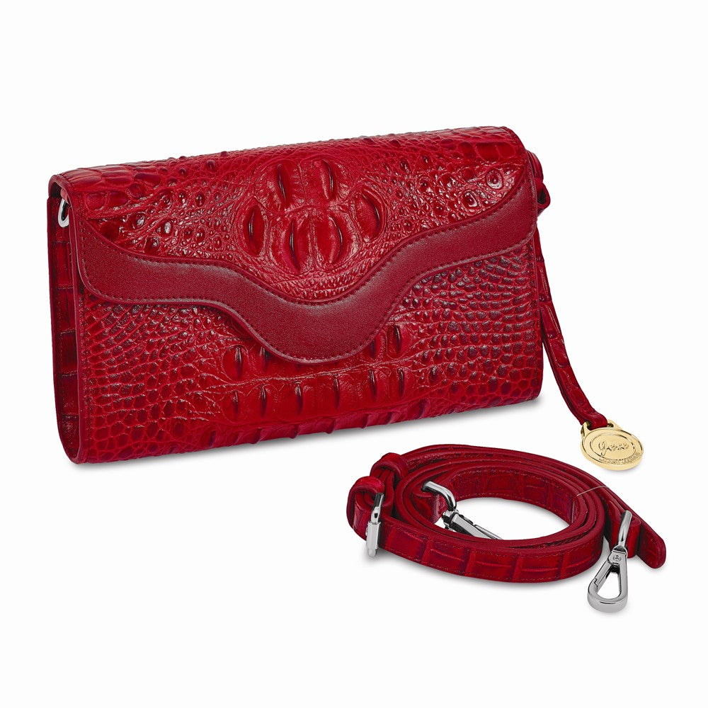 Luxury Giftware by Jere Top Grain Leather Croc Texture RFID Blocking Red Zip-Top with Magnetic Flap Clutch Purse and Removable Crossbody Strap