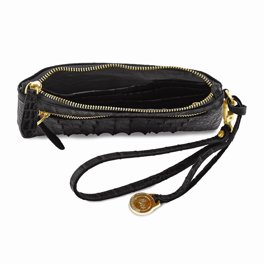 Luxury Giftware by Jere Top Grain Leather Croc Texture RFID Blocking Black Zip-Top Clutch Purse with Detachable Wrist and Crossbody Straps
