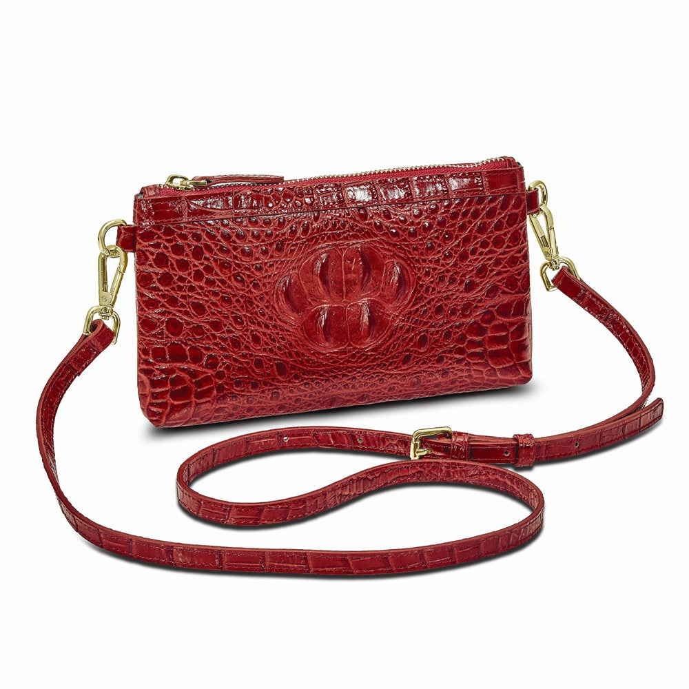 Luxury Giftware by Jere Top Grain Leather Croc Texture RFID Blocking Red Zip-Top Clutch Purse with Detachable Wrist and Crossbody Straps