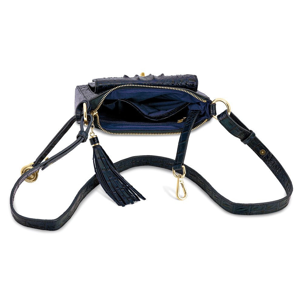 Top Grain Leather Croc Texture Navy Zip-Top Crossbody Handbag with Organizer Section, 4 Card Slots, Zip Pocket, Key Fob