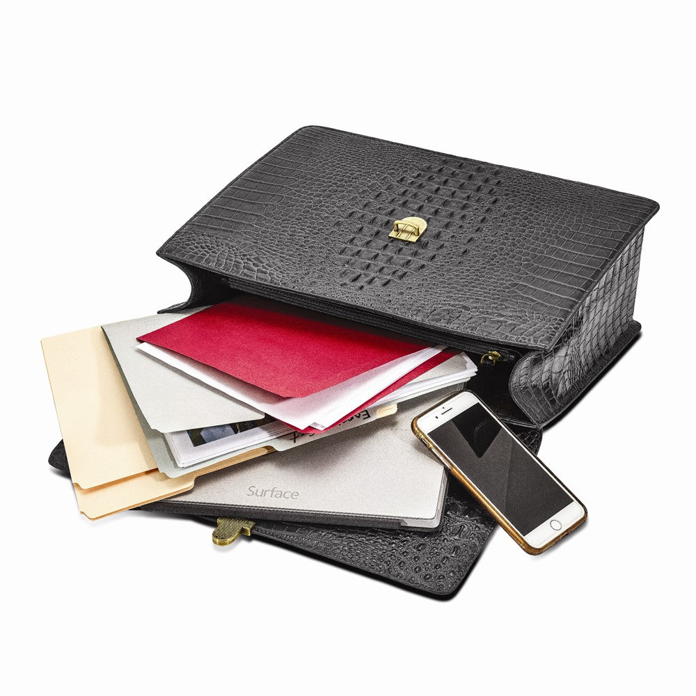 Luxury Giftware by Jere Top Grain Leather Croc Texture Black Briefcase/Messenger Bag with Zip Pocket, Pen Pockets, Key Fob, and Detachable Shoulder Strap