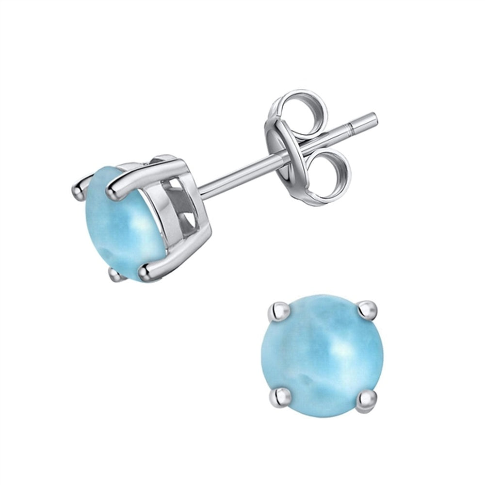 925 Sterling Silver Larimar Round 6mm Stud Earrings Post Back Closure 1.3 gm