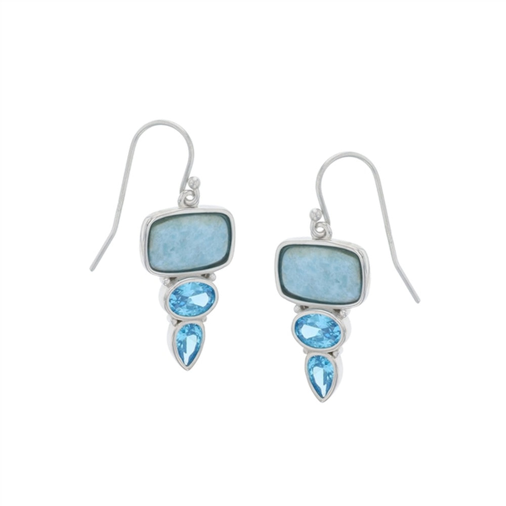 925 Sterling Silver Larimar Freeform on Swirl Frame w Square Aqua CZ Earrings