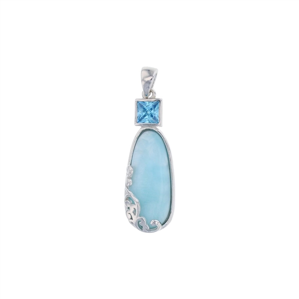 925 Sterling Silver Larimar Oval Shape w Plain Dolphin Cutout Teardrop Pendant