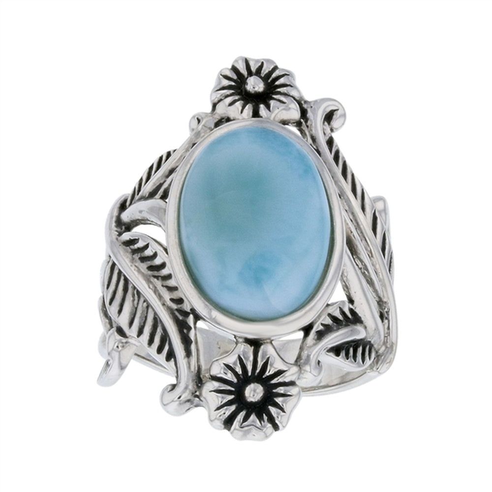925 Sterling Silver Larimar Round 20mm w Cutout Circles Side Ring 8.2 gm