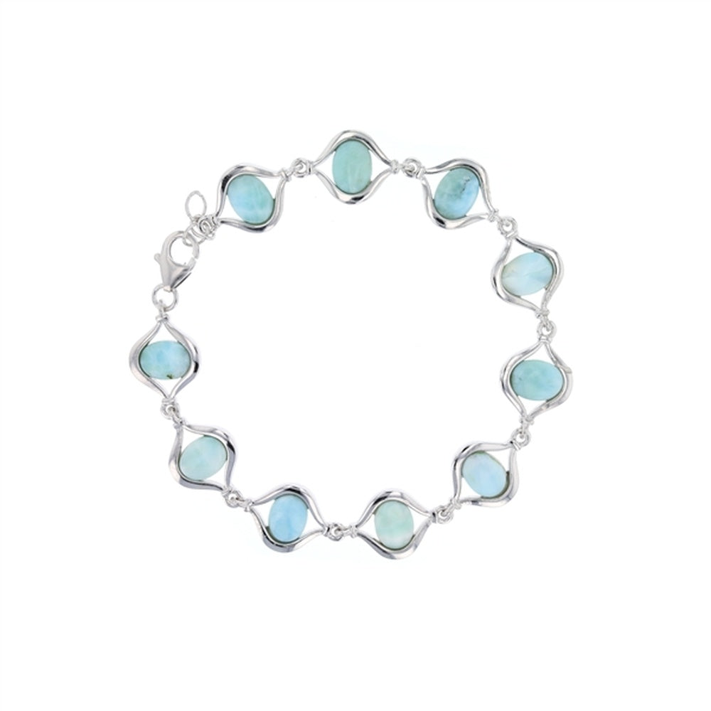 925 Sterling Silver Larimar 6 Round 7mm Sea Turtle CZ Link Toggle Bracelet 8.25"