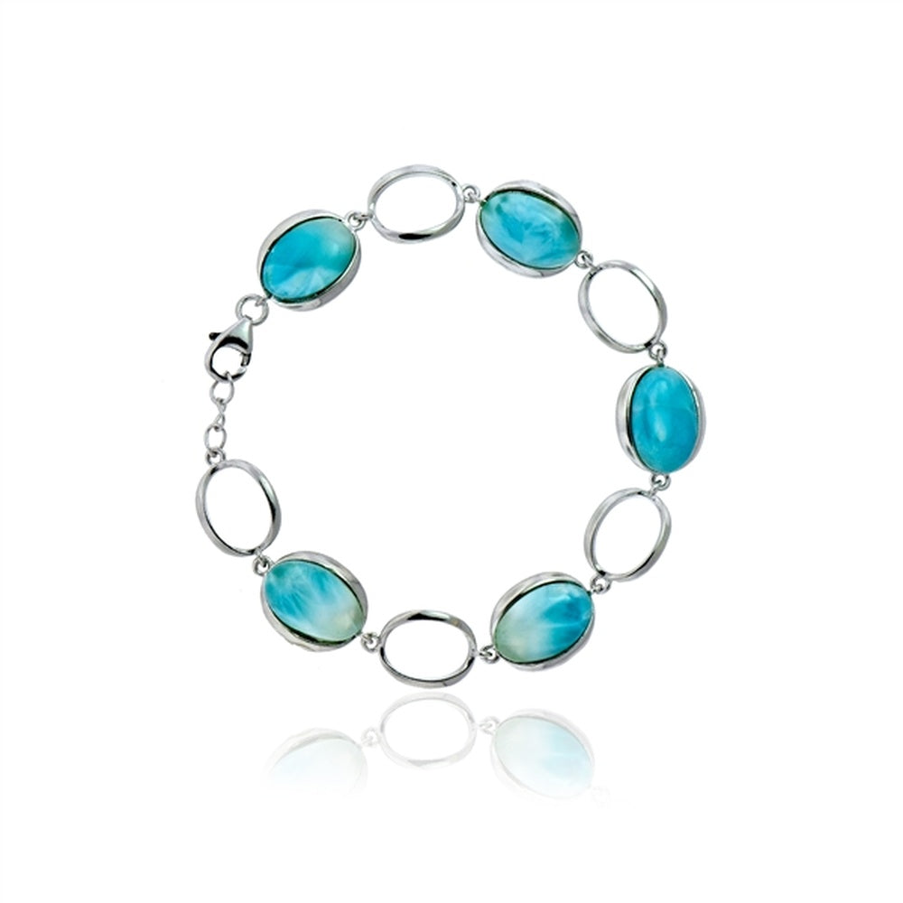 925 Sterling Silver Seven Linked Oval Larimar Bracelet 7.75"