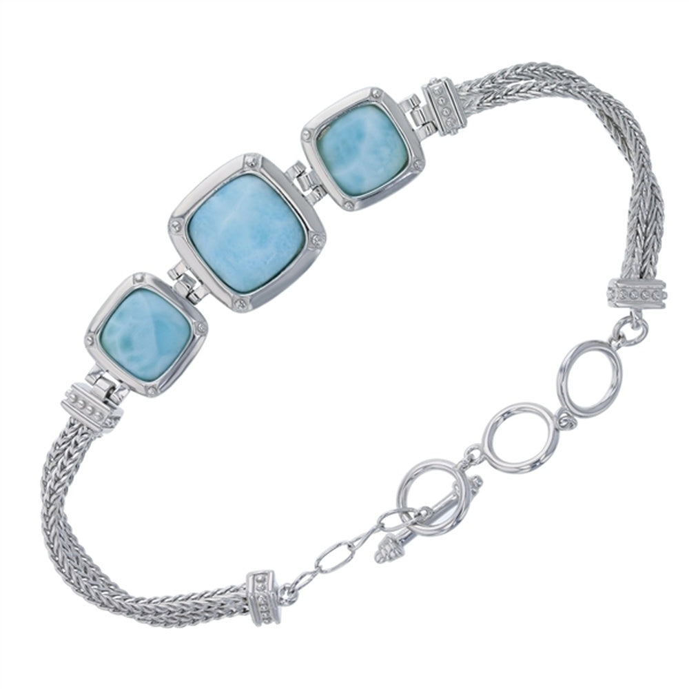 925 Sterling Silver Larimar Round Shape w Plain Turtle Charm Toggle Bracelet 8"