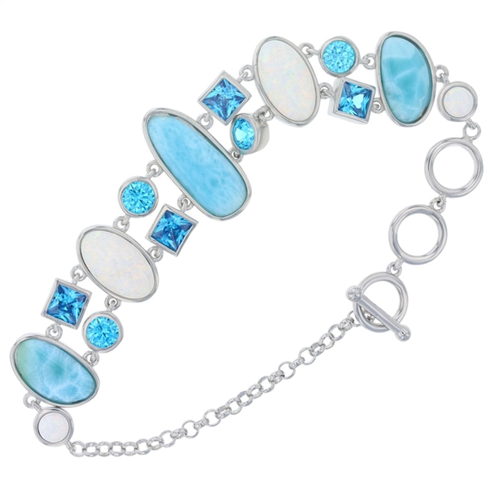 925 Sterling Silver Larimar Vintage Freeform White Opal, Aqua CZ Toggle Bracelet