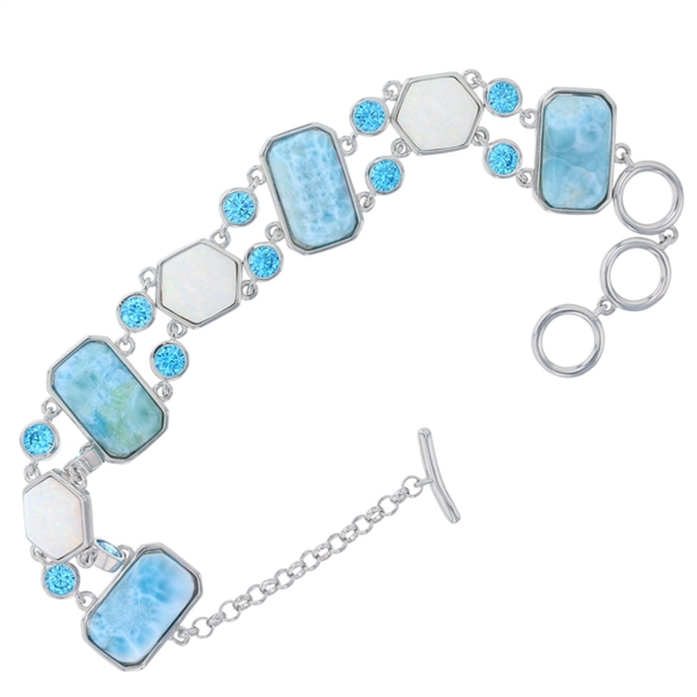 925 Sterling Silver Larimar Vintage Freeform White Opal, Aqua CZ Toggle Bracelet