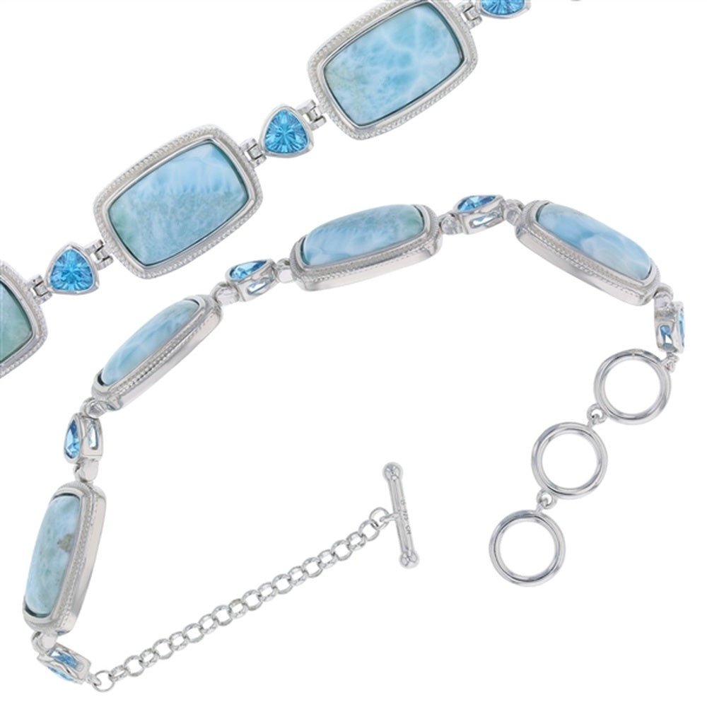 925 Sterling Silver Larimar Freeform Swirl Frame w Square Aqua CZ Bracelet 7"+1"