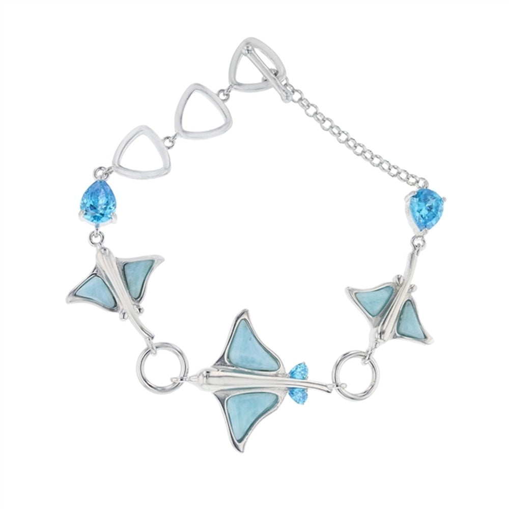 925 Sterling Silver Hexagon Shape w Teardrop Tanzanite CZ Toggle Bracelet 8"