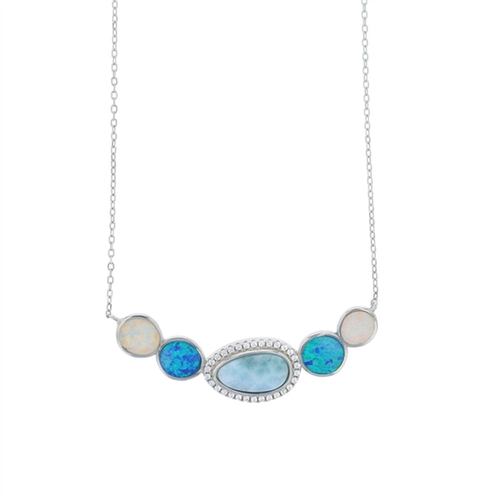 925 Sterling Silver Larimar Marquise, Teardrop White Opal, AQ CZ Necklace 16"+2"