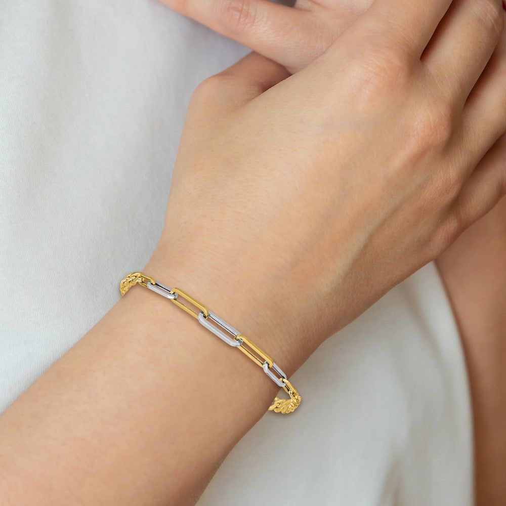 14k Yellow Gold w White RH Polished 5.0mm Curb Link w Paperclip Link Element 7.5" Bracelet